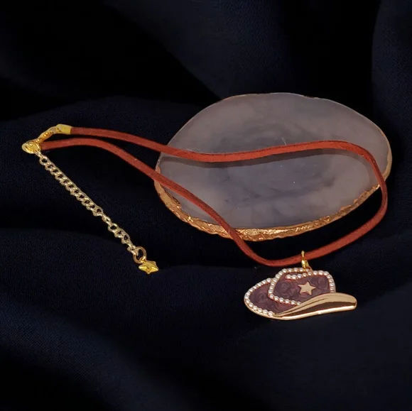 Faux Leather Cord Cowboy Hat Charm Choker Necklace Cowgirl Western Southwestern - Picture 3 of 12